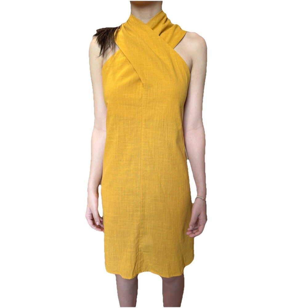 Cupshe NWT Mustard Yellow Crisscross Halter Mini Dress Sz M Beachy 100% Cotton